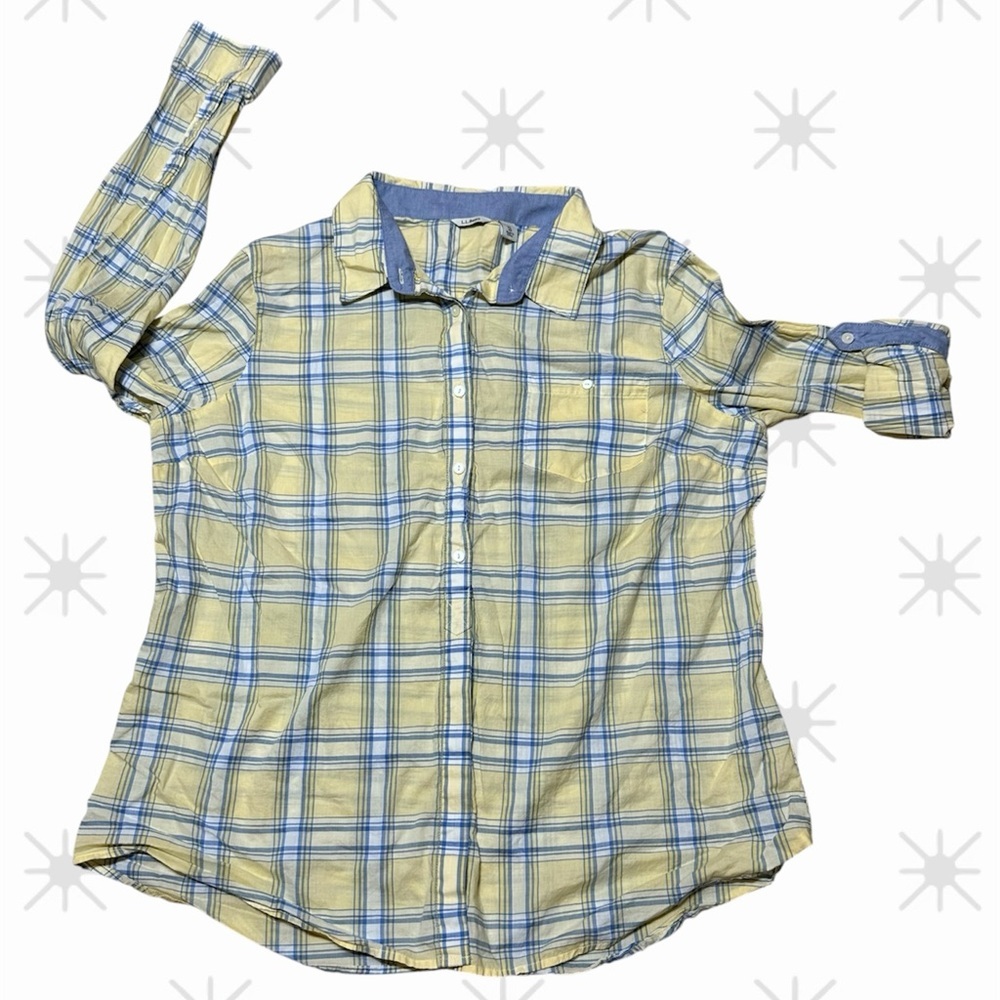 LLBean Yellow Blue Plaid XL Long Sleeve Collared Preppy Cotton Winter Button Up